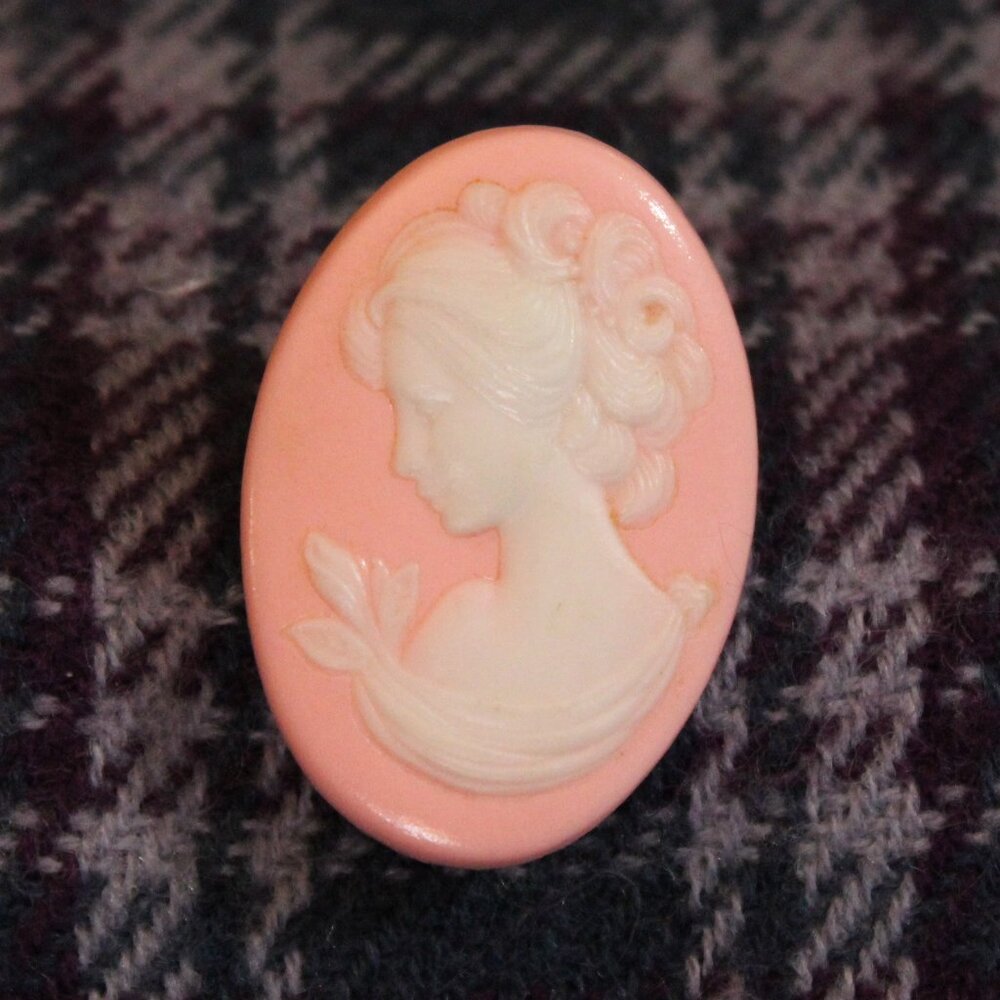 Vintage Romantic Pink and White Acrylic Molded Cameo Pin